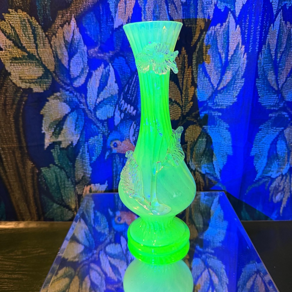 Uranium Art Glass Vase Opalescent Floral Applique 10" - Picture 2 of 9